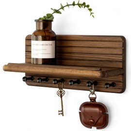 Rebee Vision Farmhouse Key Holder Wall Mount for Home Decor – Decorative Pine Wooden Key Holder for Wall with 6 Hooks & Floating Shelf - Rustic Charm for Room Decor Aesthetic (Brown)