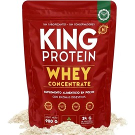 KING PROTEIN Proteína concentrada de suero sin sabor 24 g de proteína con BCAA Para antes y después del entrenamiento Baja en carbohidratos, sin conservadores, soya ni gluten 900g, 30 raciones