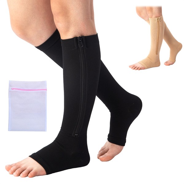 360 RELIEF - Medical Compression Stockings with Zipper Open Toe for Edema, Pregnancy, Swollen Legs, Travel, Flight, Work, Nurses, Varicose Veins | S/M, L/XL, Beige, Black with Mesh Laundry Bag |,