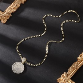 Gemsme 18K Gold Plated Full Cubic Zirconia Disc Pendant Necklace for Women Elegant Minimalist CZ Round Pendant Chain Necklace Jewelry 16 Inch