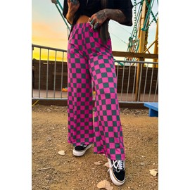 Lesore Womens Spring 2025 Casual Checkered Print Pants Elastic High Waist Wide Leg Pockets Straight Leg Lounge Palazzo Pants Green M