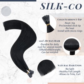 Silk-co I tip Prebonded Hair Extensions #01 Jet Black Stick Tip 100% Real Human Hair Remy Stick Hair Extension 50 Strands 1g/s 18inch