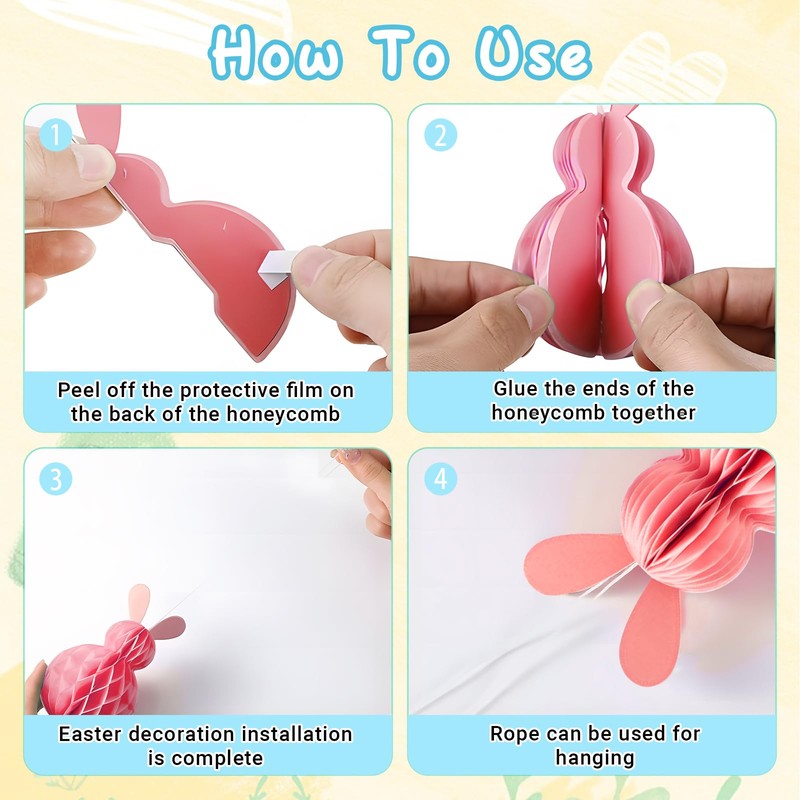 QILUCKY 6 PCS Easter Hanging Decorations,Easter Bunny Decorations,Rabbit Honeycomb Paper