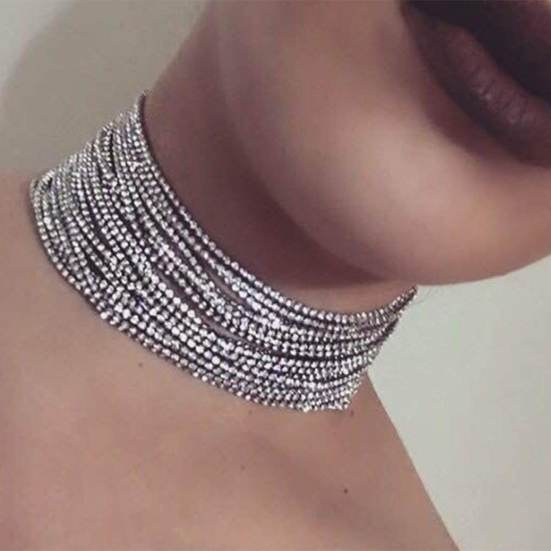 (Silver) - YERTTER Multi Layered Chain Rhinestone Choker Fully Diamond
