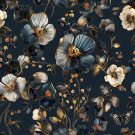 Livelynine 17.5x276" Dark Blue Floral Peel and Stick Wallpaper Vinyl Floral Wall Art Elegant Wallpaper Gold Accents Vintage Flower Butterfly Removable Loyal Navy Blue and Gold Contact Paper Waterproof