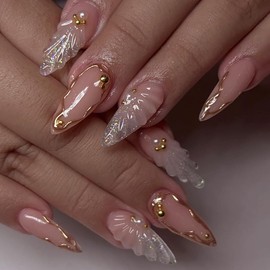 Press On Nails, Short Almond Ballet Duck Fake Nails, Cute Flower Stick on nails, Glue on Nails on 24PCs (Clear Shell Gold)