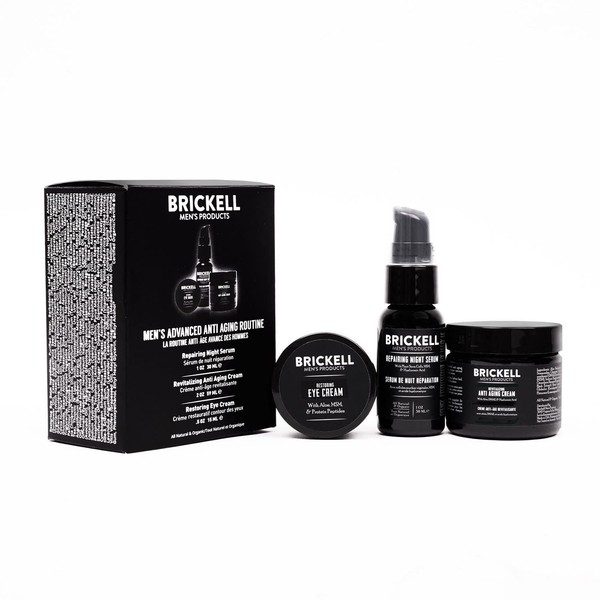 Brickell Men's Advanced Anti-Aging Routine, Night Face Cream, Vitamin C Facial Serum and Eye Cream, Natural and Organic, Unscented, Skin Care Gift Set