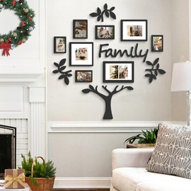 Jerry & Maggie Family Tree Picture Frames Wall Mount Design, Frame Wall Photo Plaque, College Decoration Combination, PVC Photo Frame Tree Loving Room Wall Decor with Hanging Template (Black)