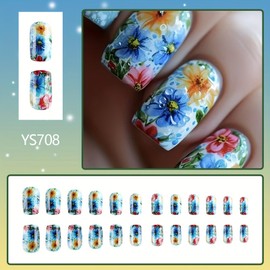 Blue Press on Nails Medium Length Square Fake Nails Colorful Flower Stick on Nails Spring Glue on Nails Glossy Acrylic False Nails Full Cover Artificial Nails Reusable Nails Kit for Women Girls 24Pcs