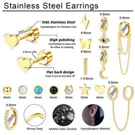 JeweBella 15Paar Kleine Ohrringe Set Damen Hypoallergen Medizinische Ohrstecker Creolen Hängende mit Kette Chirurgenstahl Knorpel Helix Piercing Ohrringe Set für Mehrere Ohrlöcher Frauen Gold/Silber