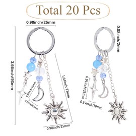 SUNNYCLUE 1 Box 20Pcs Sun and Moon Keychain Set Star Keyring Bulk Metal Silver Tibetan Wish Stars Key Chains Holder Hangings Charms for Handbags Party Wedding Favors Diy Purse Backpack Adults Women