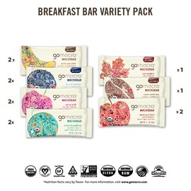 GoMacro Macrobar Organic Vegan Protein Bars - Breakfast Variety Pack (2.0-2.3 Ounce Bars, 12 Count)