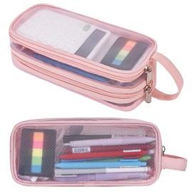 Large Grid Mesh Pencil Case, 2 Compartment Pen Pouch with Zipper, Clear Handheld Multifunction Pen Bag for School, Office, Teen Girls Boys, Travel Organizer Transparent Makeup