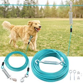 LUFFWELL 50FT Dog Runner for Yard with 15FT Tie Out Cable - Heavy Duty Trolley System for Large Dogs Up to 250LBS, Backyard/Park/Camping Use (Ice Blue, 50FT+15FT)