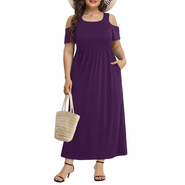 Plus Size Purple Maxi Dress Cold Shoulder Simple Summer Long
