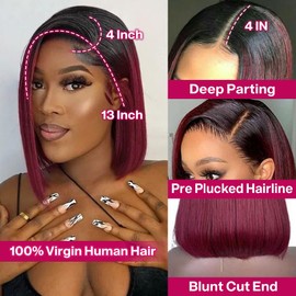 HIRIREMY Ombre 99J Burgundy Lace Front Bob Wigs Human Hair 13x4 HD Lace Frontal Wigs Glueless Short Straight Bob Wigs for Black Women Human Hair Pre Plucked Natural Hairline 1B/99J 12 Inch