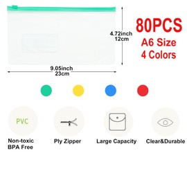 80 PCS Plastic Envelope Pouch, Clear Poly Zip Envelope Reusable File Bill Document Bag Pocket Pencil Case with Tag Pocket and Zipper, 9x4.7 Inch fit A6 Sheets,4 Colors