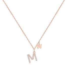 MJartoria Dainty Initial Necklace Butterfly Pendant Necklace, 14K Gold Plated Cubic Zirconia Letter Dainty Necklaces Jewelry Birthday Gifts for Women (Rose Gold, M)