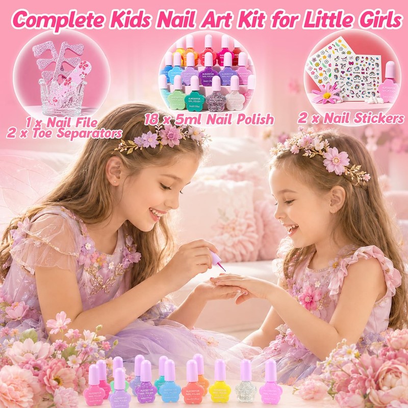 Kids Nail Polish Set, 18 Colors Non Toxic Water Based