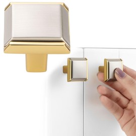 BEROSSA Nickel and Gold Cabinet Knobs, Square Pull Cabinet Handles, Size 1-1/4 inch | Pack of 5, Solid 2 Color Hardware for Kitchen Door Bedroom Dresser Drawer Bathroom Vanity Furniture 2281