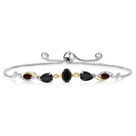 Gem Stone King 925 Silver and 10K Yellow Gold Black Onyx Red Garnet and nd White Lab Grown Diamond Tennis Bracelet For Women (1.52 Cttw, Gemstone Birthstone, Fully Adjustable Up to 9 Inch)