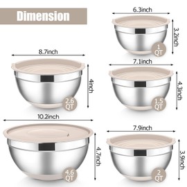 E-far Stainless Steel Mixing Bowls with Lids Set, 5-Piece Nesting Salad Bowls with 3 Grater Attachments and Non-Slip Bottoms, Size 4.6, 2.6, 2, 1.5, 1QT for Kitchen (Khaki)