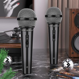 Facmogu 2PCS Fake Microphone Prop, Plastic Prop Microphone, Fake Pretend Play Microphone Prop for Karaoke Costume Role Play, Sparkly Mic Props for Christmas Cosplay Music Birthday Party Favors - Black