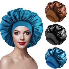 Pack of 3 Silk Bonnet for Sleeping, Sleep Cap, Silk Adjustable Satin Hair Cap, Breathable Hair Cap for the Night, Soft Silk Bonnet Sleep Cap for Women and Girls (Black, Blue, Coffee)