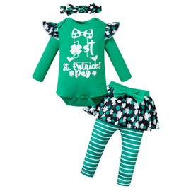 Yruiz Baby Girls My First St Patrick's Day Romper Outfit Long Sleeve Clothes Green Skirt Newborn Dress Bodysuit Pants Set（0-3 Months）
