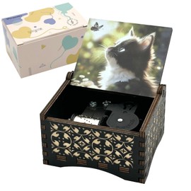 Pursuestar Wooden Wind Up Cat Music Box -You are My Sunshine, Antique Engraved Wood Mechanism Musical Gifts for Cat Lover Girlfriend Wife Mother's Day Anniversary