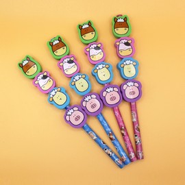 Animal Stacking Pencils with Eraser Tops, Set of 4, Multicolor, 2D Erasers, Colorful Pencil, Little Farm Animals - Cow, Horse, Pig, Sheep