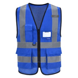 AYKRM High Visibility Vest Blue Reflective Safety Vest with Reflective Strips with Zip and Pockets Work Vest