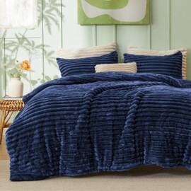 Bedsure Fluffy Comforter Set Queen - Super Soft Faux Fur Bed Set Navy, All Seasons Warm Plush Fleece Bedding, 3 Pieces, 1 Shaggy Fuzzy Queen Size Comforter with 2 Pillowcases