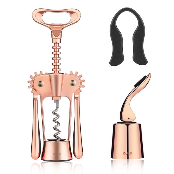 OWO Wine Opener Set Wing Corkscrew with Wine Foil Cutter and Wine Stoppers Used in Kitchen Restaurant Chateau and Bars Stainless Steel Rosegold