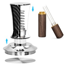 51mm Espresso Coffee Tamper for Espresso Machine: Calibrated Spring Loaded & Stainless Steel Ripple Base - Carbon Fiber Handle with Constant 30lb Fits All 51mm Portafilters | Bundle Including WDT Tool