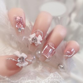 XUZOO Nail Tip, Cute, Stylish, Popular, Simple, Bride, Nail Tip, Three-Dimensional, False Nails, Wedding, False Nails, Crystal, Pearl, Butterfly, Flower, Ribbon, 3D Nail Tip, Short and Long, Nail Tip