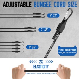 MILYARD 8 Pcs Adjustable Bungee Cord with Hooks 3 Sizes, 24" 48" 72" Black Super Elastic Bungee Straps with Carabiner, Heavy Duty Outdoor Carabiner Cord for Cargo Camping Bike Racks Tents