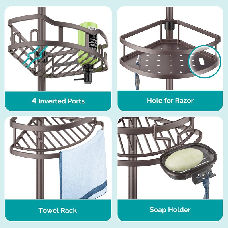 Corner Shower Caddy Tension Pole: Rustproof Stable 4-Tier Bathroom Organizer