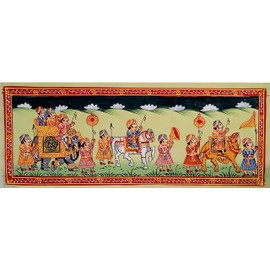 Purpledip Silk Cloth Painting King's Outing: Collectible Indian Miniature Art Unframed Wall Hanging (12479C)