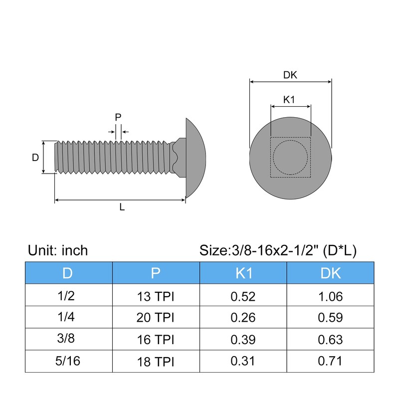 sourcing map 3/8-16x2-1/2" Carriage Bolt, 8pcs Round Head Square Neck