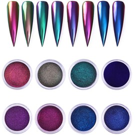 EnMart 8 Jars Chrome Nail Powder Set, Blue Silver Gold Metallic Mirror Effect Nail Art Powder, Nail Art Glitter Nail Powder Kit, Nail Chrome Pigment DIY Nail Art Tool Nail Kit for Beginners, Nail Dust