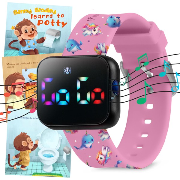 Potty Training Watch for Kids V2 – A Water Resistant Potty Reminder Device for Boys & Girls to Train Your Toddler with Fun/Musical & Vibration Interval Reminder with Potty Training eBook (Narwhals and Unicorns)