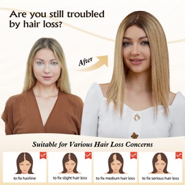 Topart 9"×9" Human Hair Toppers 16 inches for Women,100% Remy Human Hair with Multiple Non-slip Clips and Large-area Base,150% Density Top Hairpieces for Women with Thin Hair(Ombre Ash Brown)