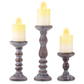 Inweder Wood Pillar Candle Holder (Set of 3), Rustic Candle Holders for Pillar Candles, Tall Farmhouse Candle Holders Candle Stand, Large Pillar Candle Holder Set for Table, Fireplace, Home, Brown