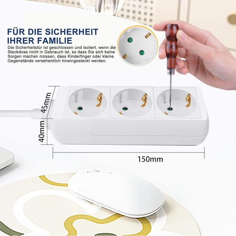 EXTRASTAR 3-Way Power Strip, Flat Plug Multiple Socket with 1.5