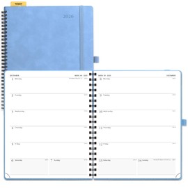 POPRUN 2026 Weekly Planner Notebook (Jan-Dec), Large Size 8.5'' x 10.5'' - Agenda 2026 Appointment Book with Spiral Soft Cover, Plastic Ruler, Inner Pocket, 100 GSM TJ - Cerulean Blue