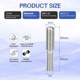 HiPicco M8x20mm to M10x20mm Double End Threaded Stud Screw Reducing Bolt,304 Stainless Steel Thread Reducer Adapter for Furniture Fastener Welding, Hardware Connectors 12 Pack
