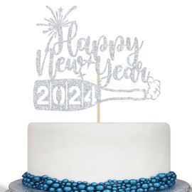 Decoración para tartas de feliz año nuevo 2024, decoración de feliz año nuevo, Hello 2024, Cheers 2024, suministros de decoración de fiesta de Año Nuevo, purpurina plateada