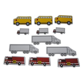 Novel Merk Truck Variety Semi-Truck, School Bus, Fire Engine, & Moving BoxTruck Refrigerator Magnets Set for Teacher Decorations Party Favors & School Carnival Prizes Miniature Design (12 Pieces)