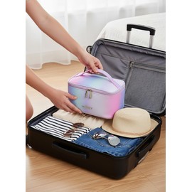 Meiyuuo Makeup Bag Large Cosmetic Bags for Women Girls Cute Travel Zipper Pouch Toiletry Organizer for Beauty Essentials Waterproof (Gradient Rainbow Pink)